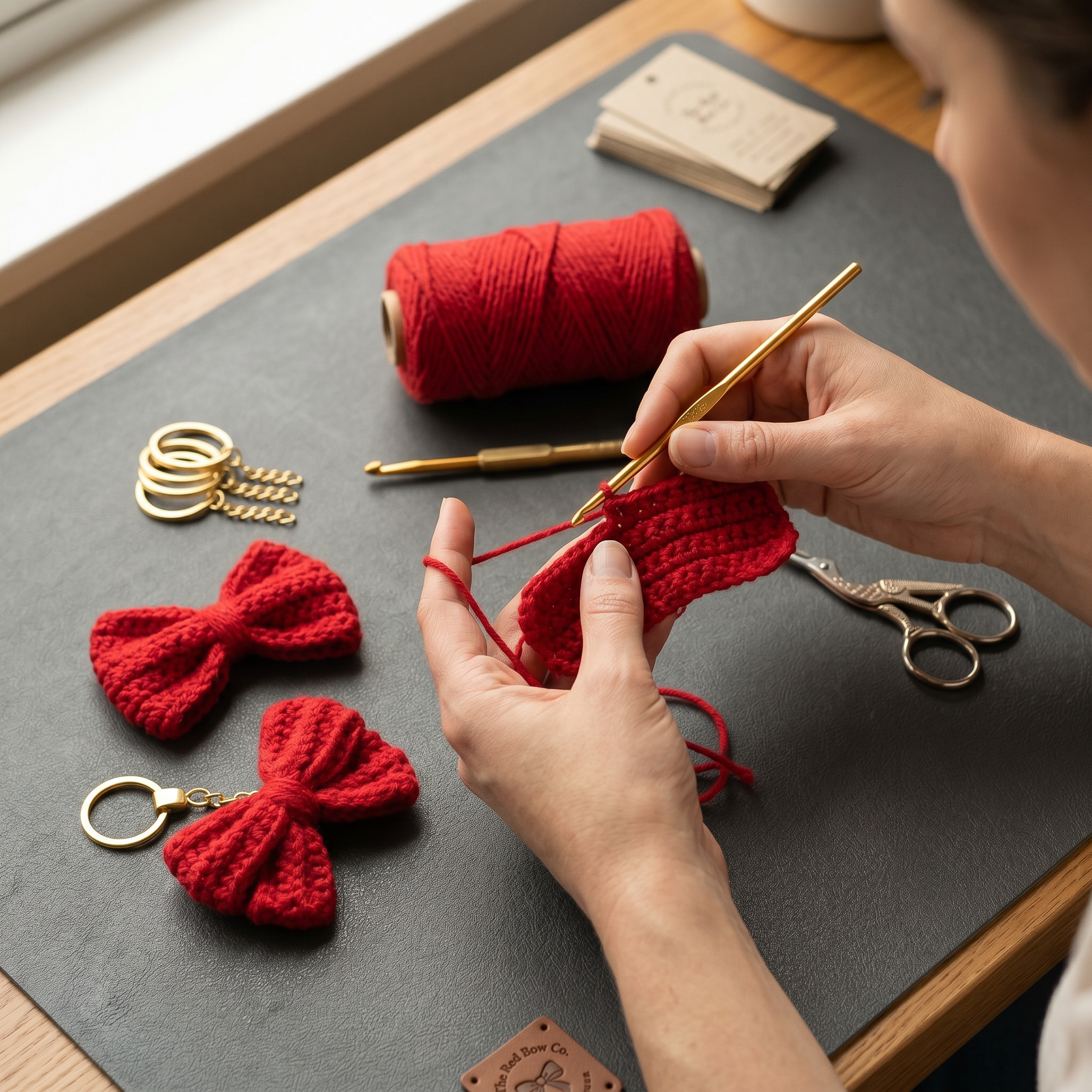 Red Bow Crochet Keychain during the handmade crochet process