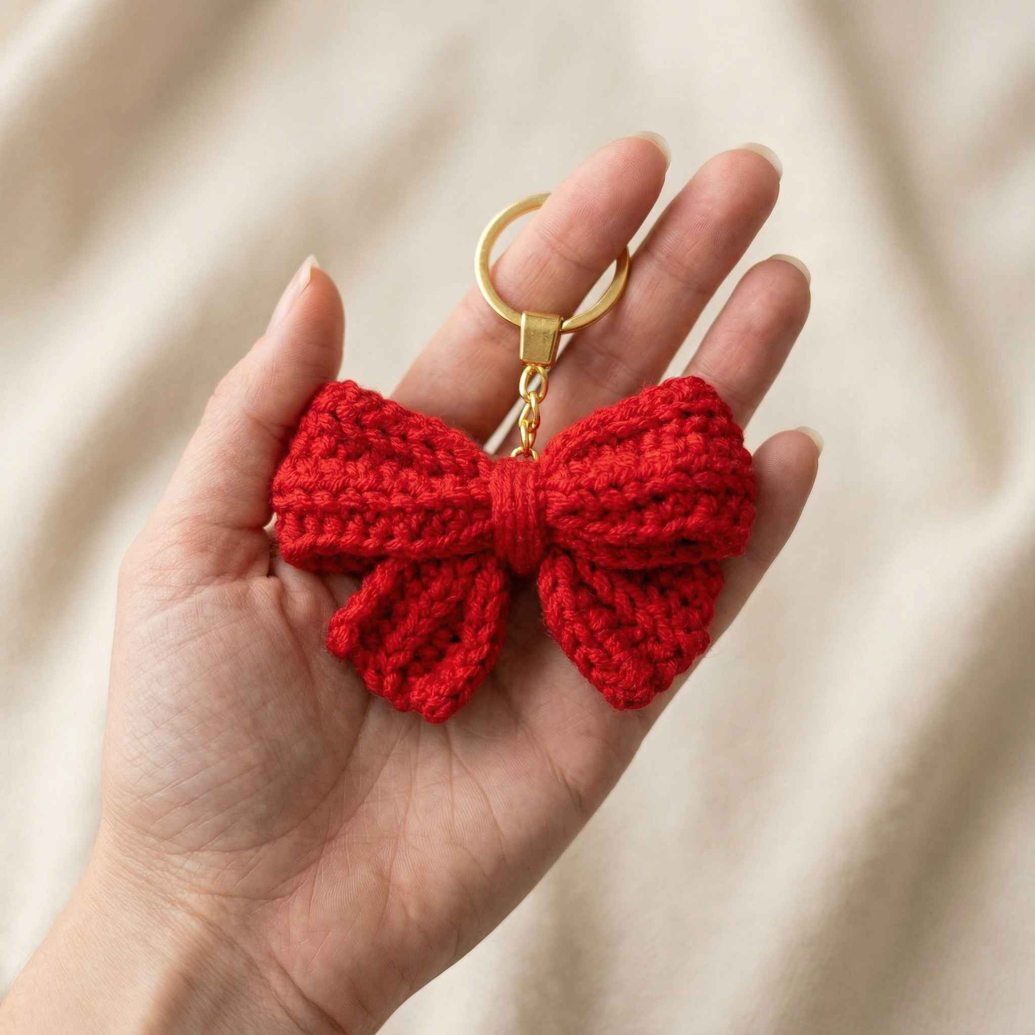 Red Bow Crochet Keychain held in hand to show scale