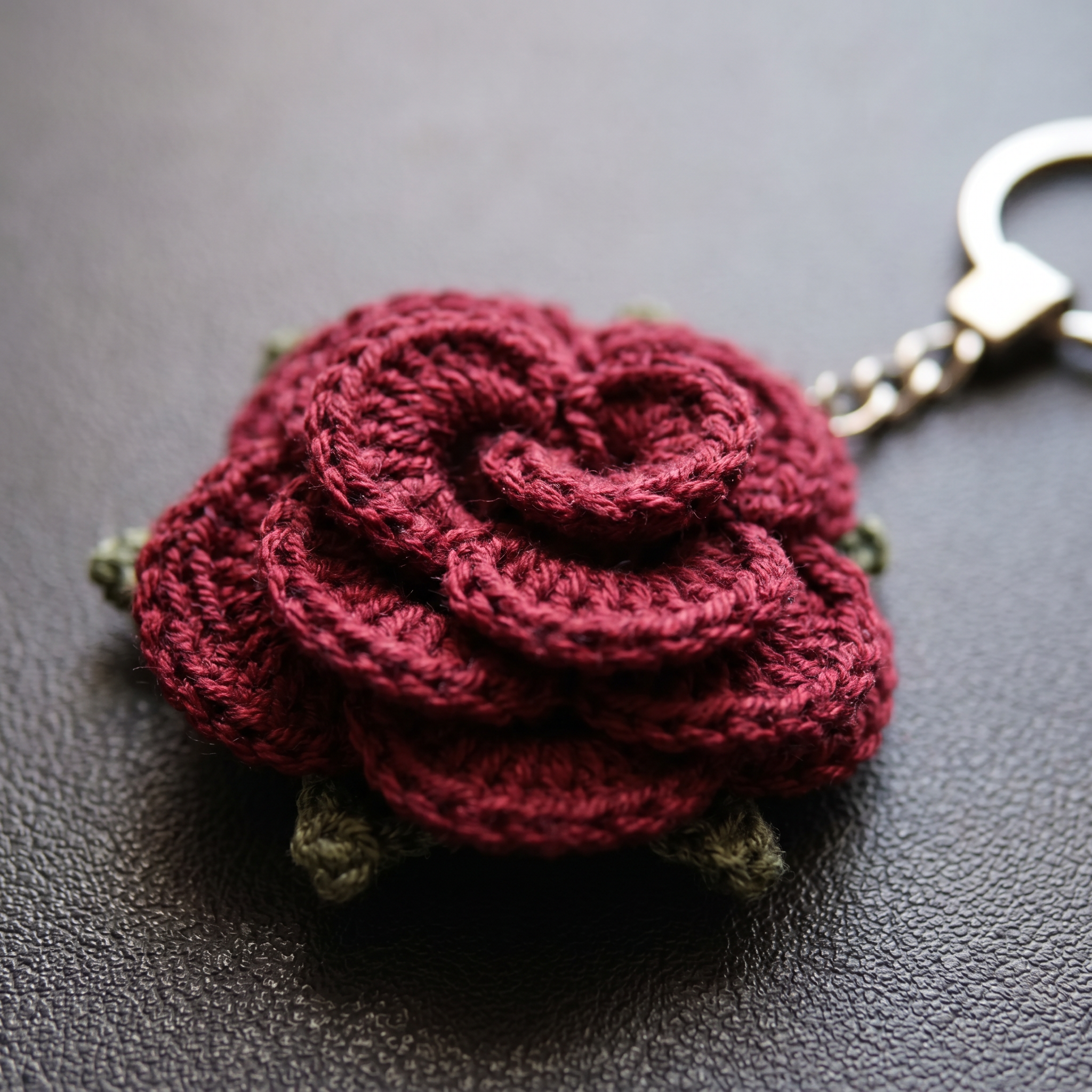 Burgundy Little Rose Crochet Keychain close-up showing crochet texture and handmade details