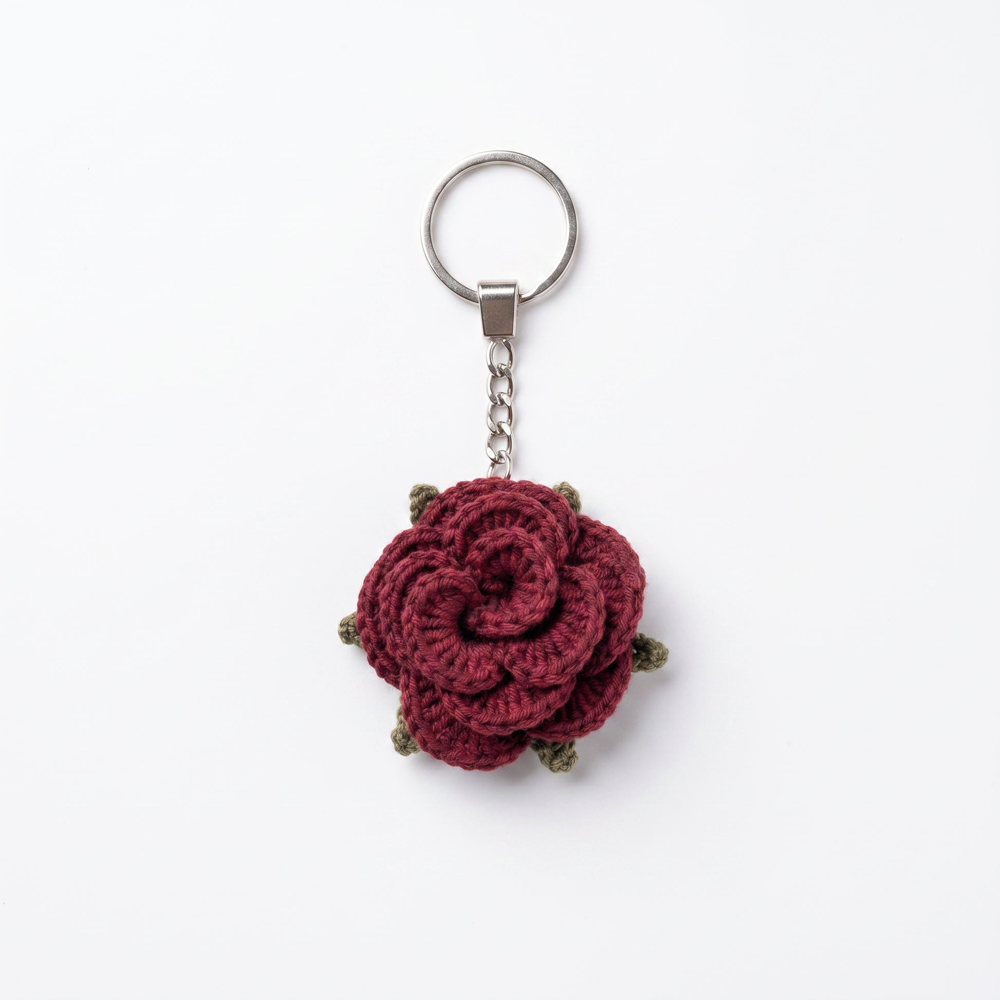 Burgundy Little Rose Crochet Keychain on a clean white background