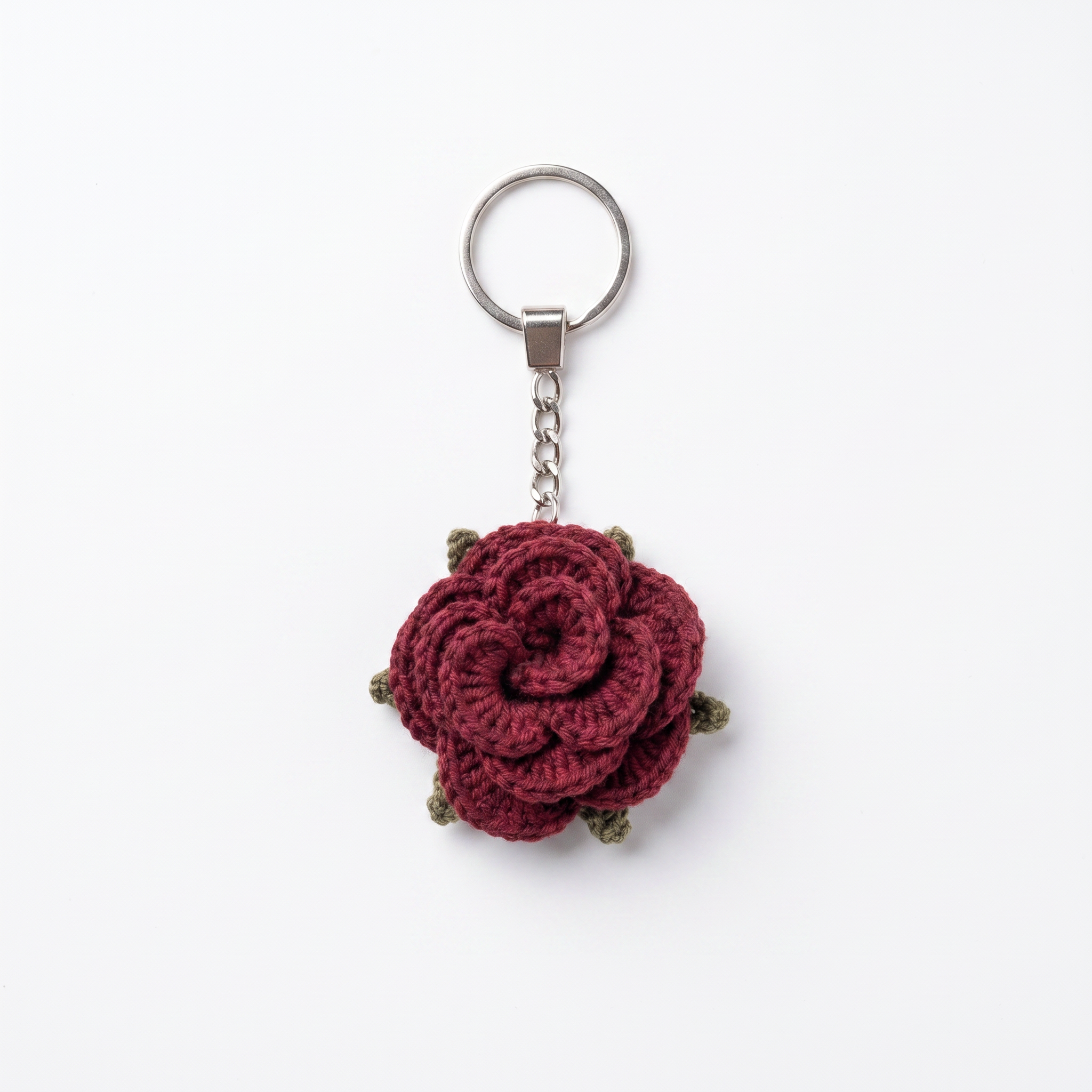 Burgundy Little Rose Crochet Keychain on a clean white background