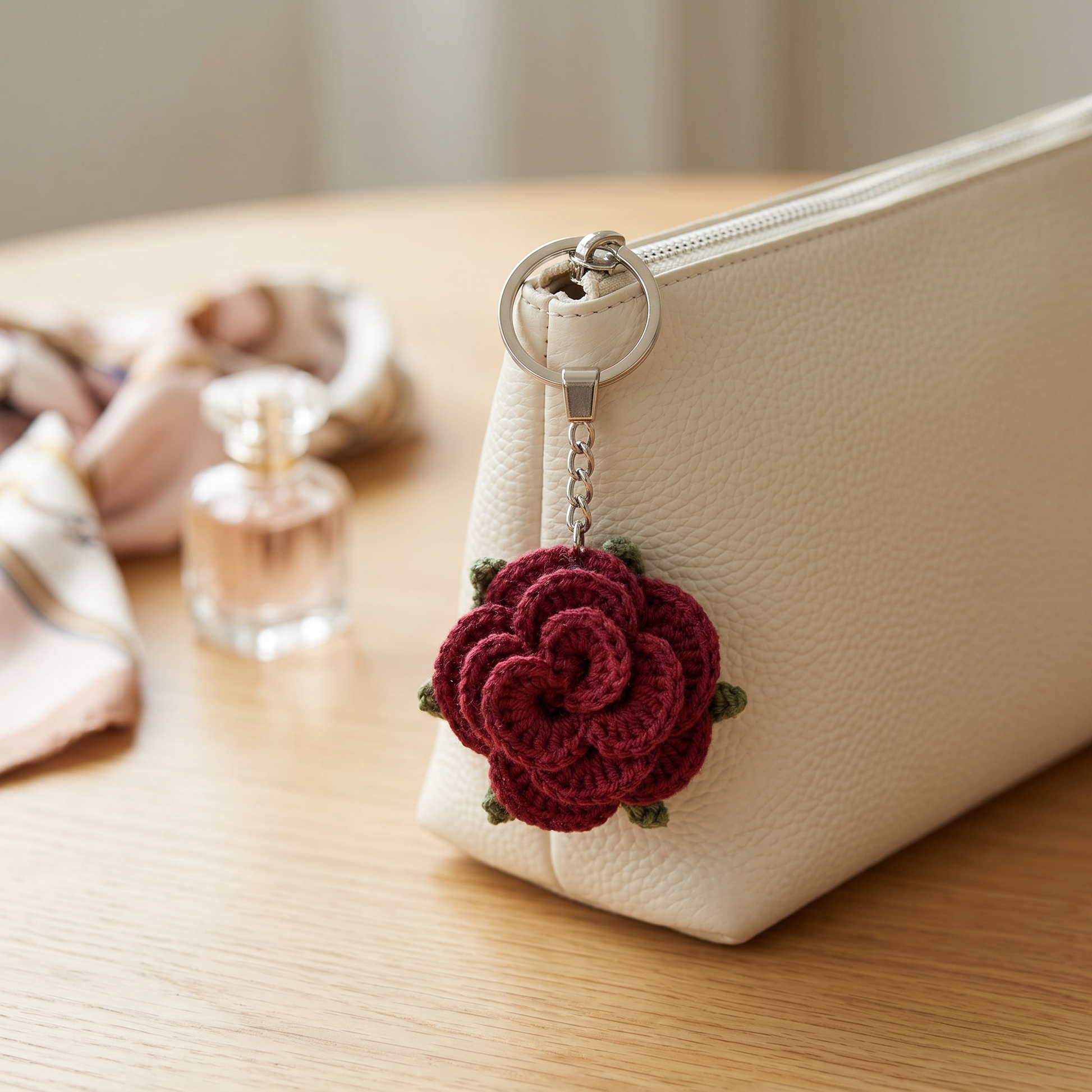 Burgundy Little Rose Crochet Keychain styled in an everyday setting