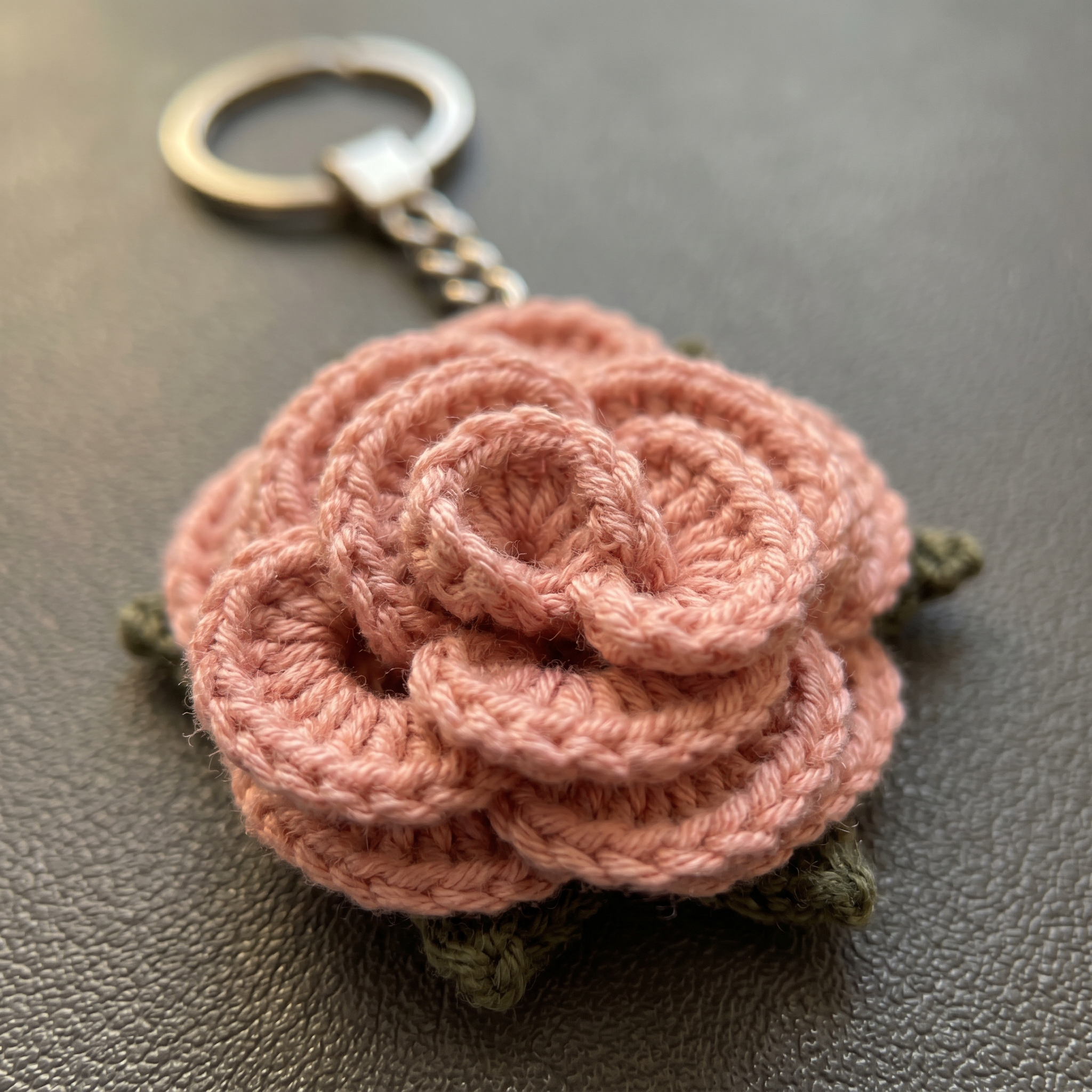 Pink Little Rose Crochet Keychain close-up showing crochet texture and handmade details