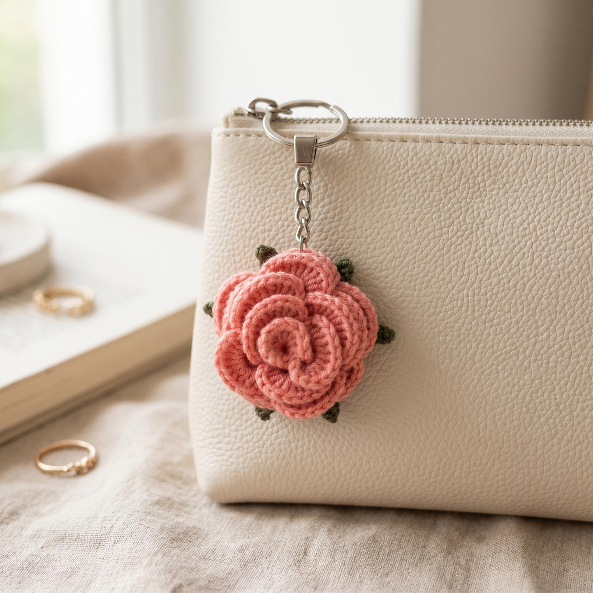 Pink Little Rose Crochet Keychain styled in an everyday setting
