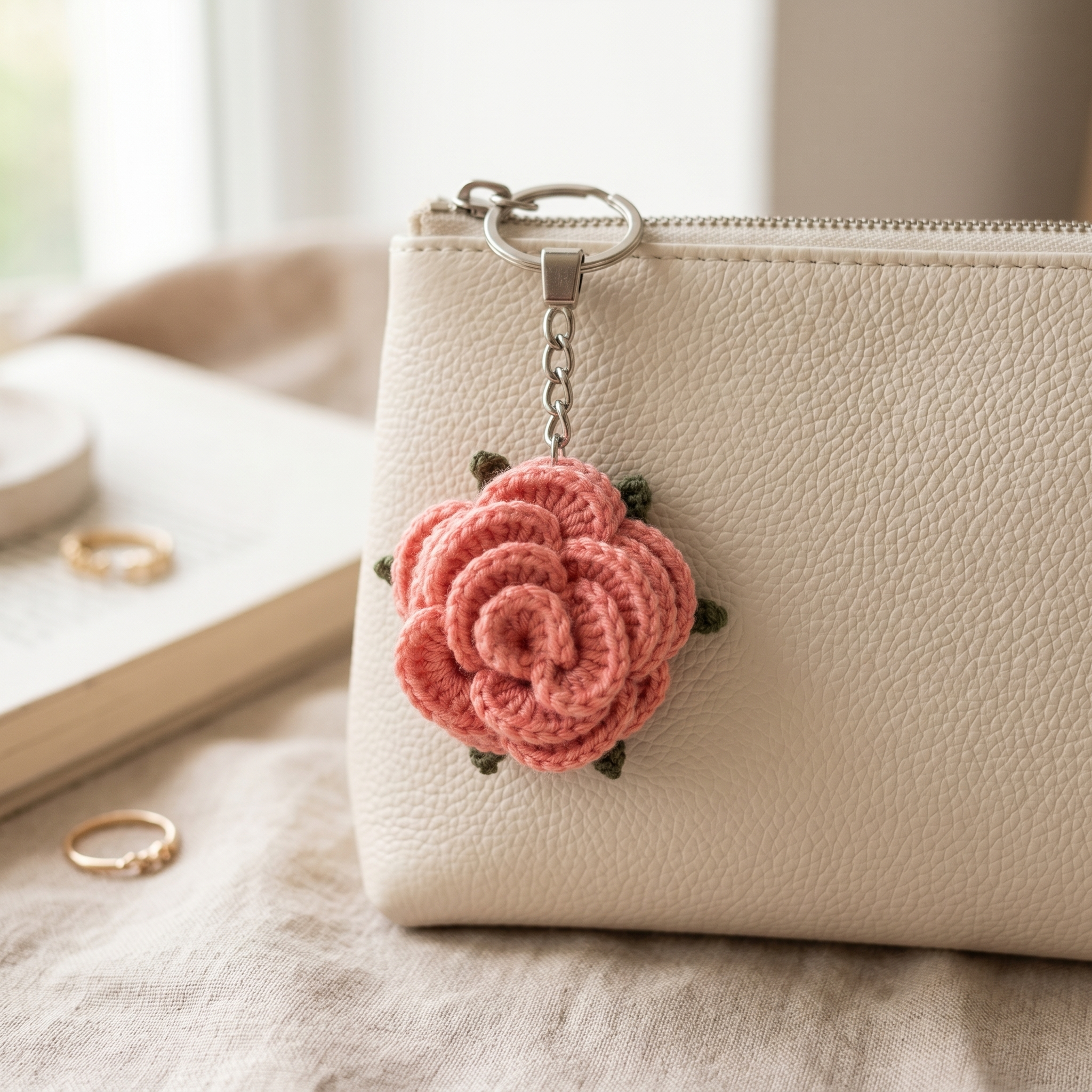 Pink Little Rose Crochet Keychain styled in an everyday setting