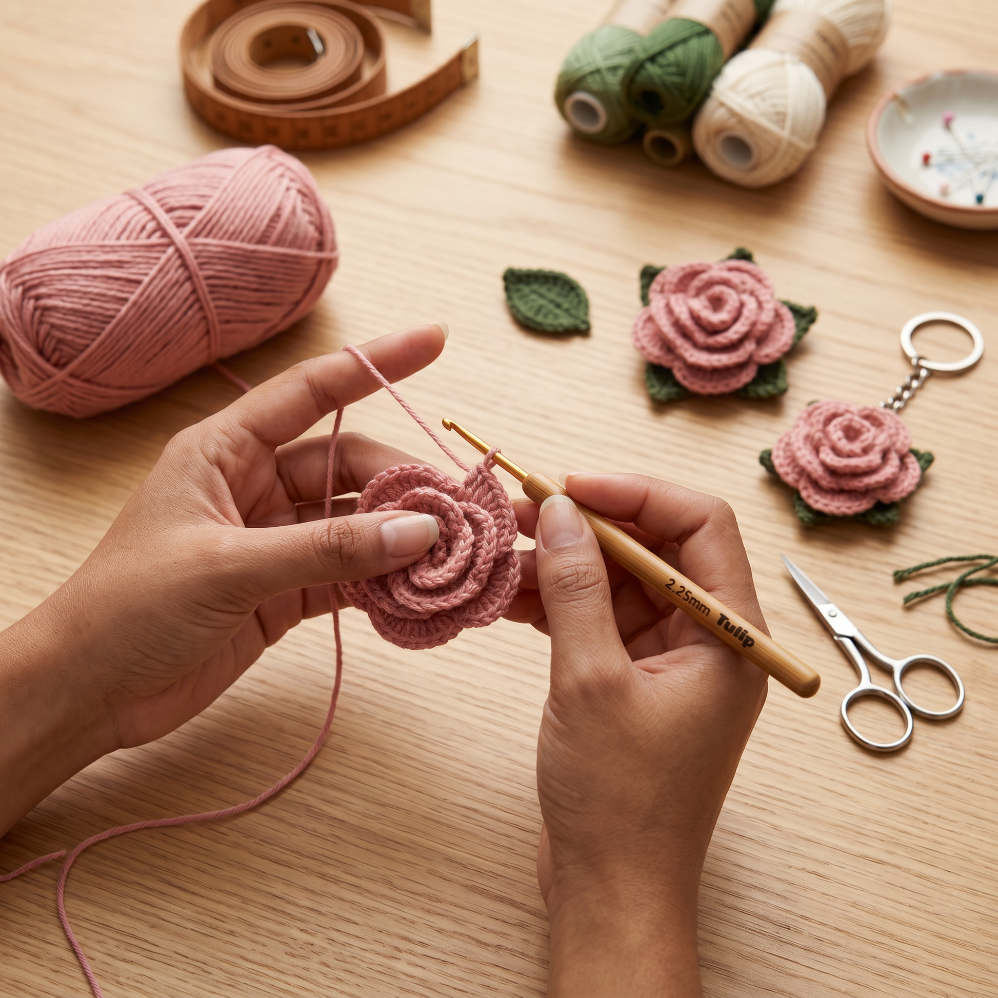 Pink Little Rose Crochet Keychain styled product detail