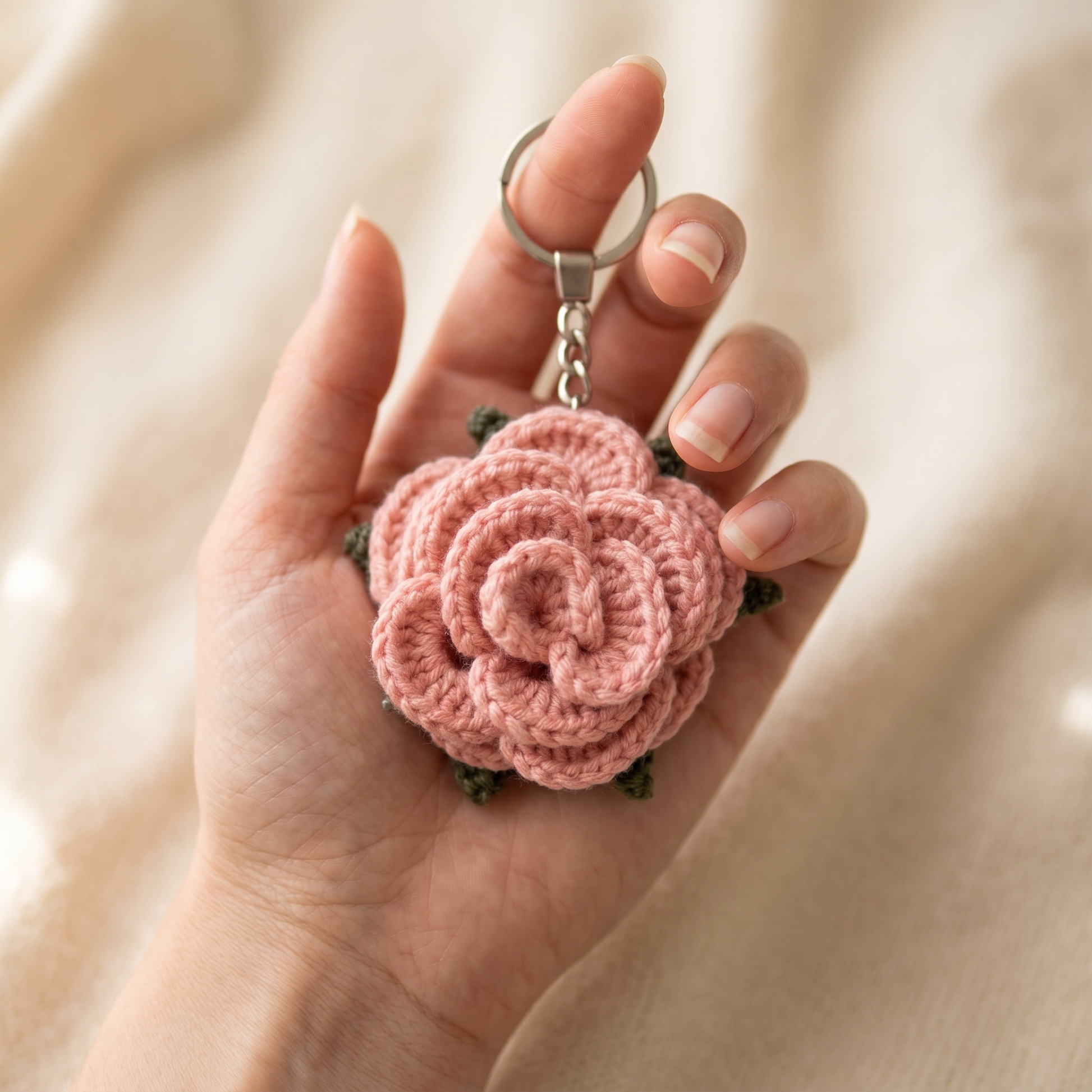 Pink Little Rose Crochet Keychain held in hand to show scale