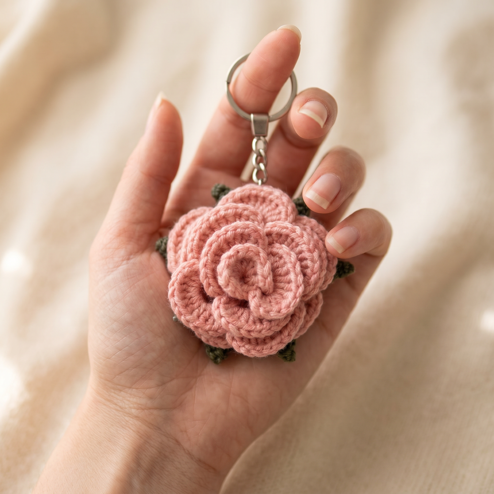 Pink Little Rose Crochet Keychain held in hand to show scale