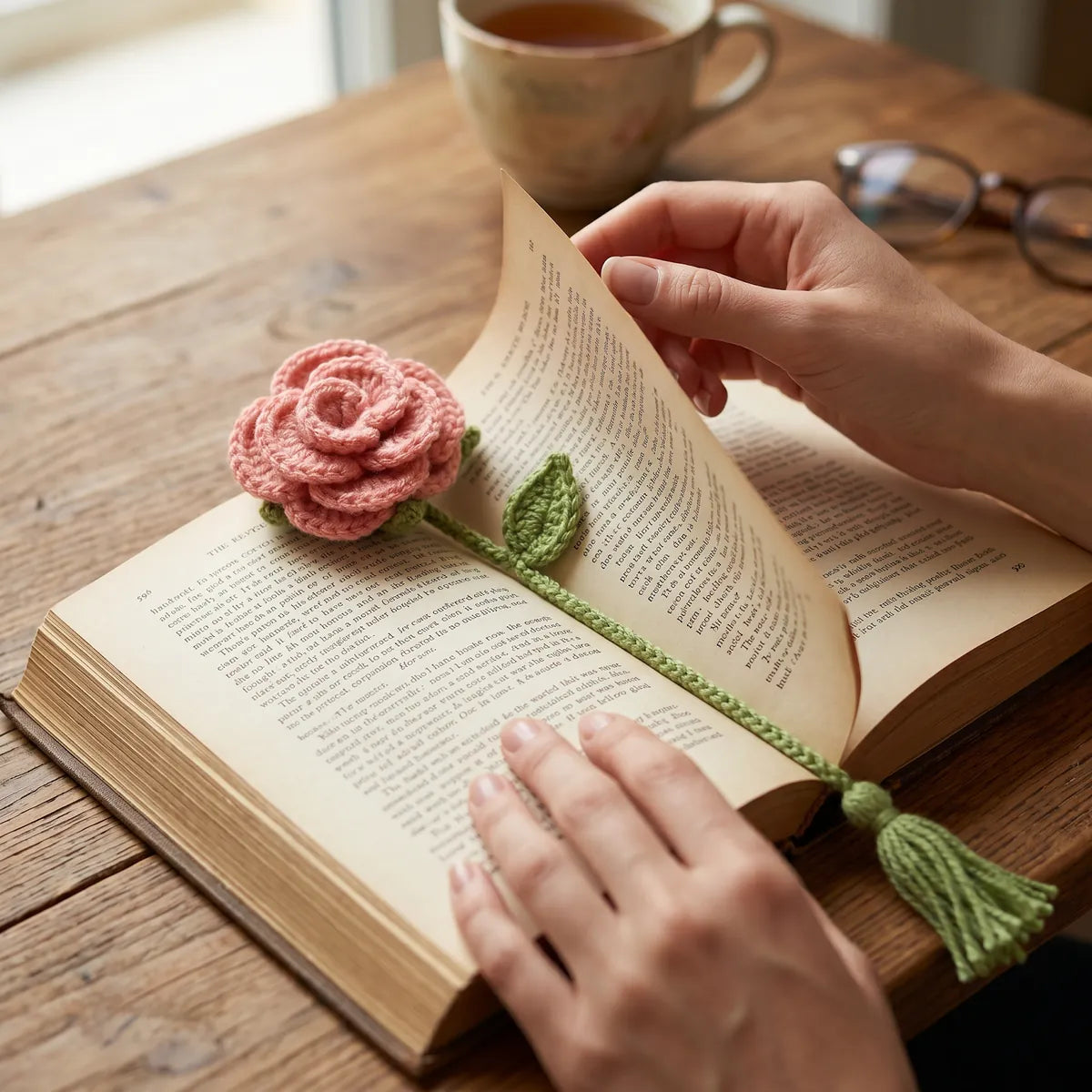 BerryBow pink rose crochet bookmark styled with a book